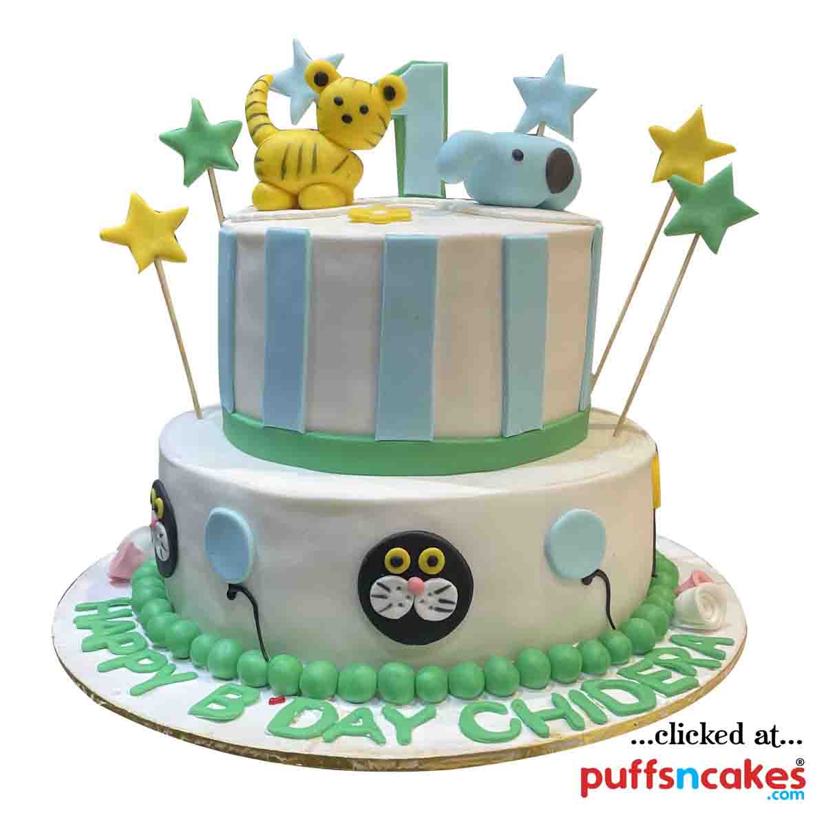(1609) First Birthday Animals Theme Fondant Cake